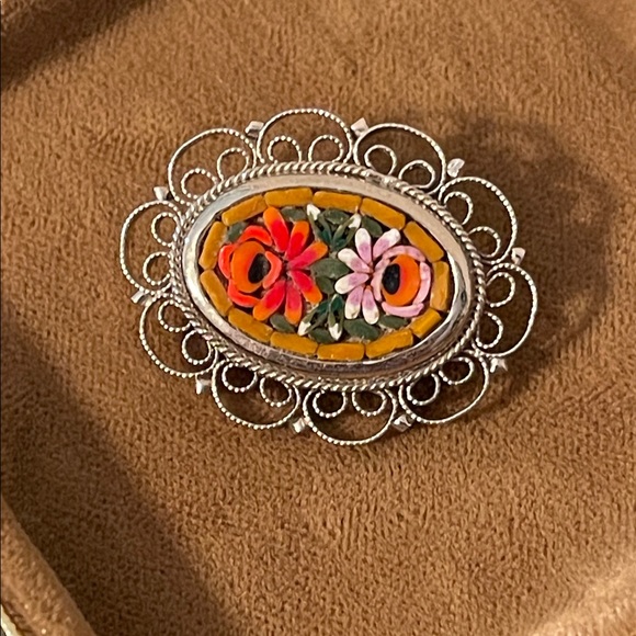 Vintage Jewelry - Vintage Italian Micro Mosaic Floral Filigree Framed Brooch